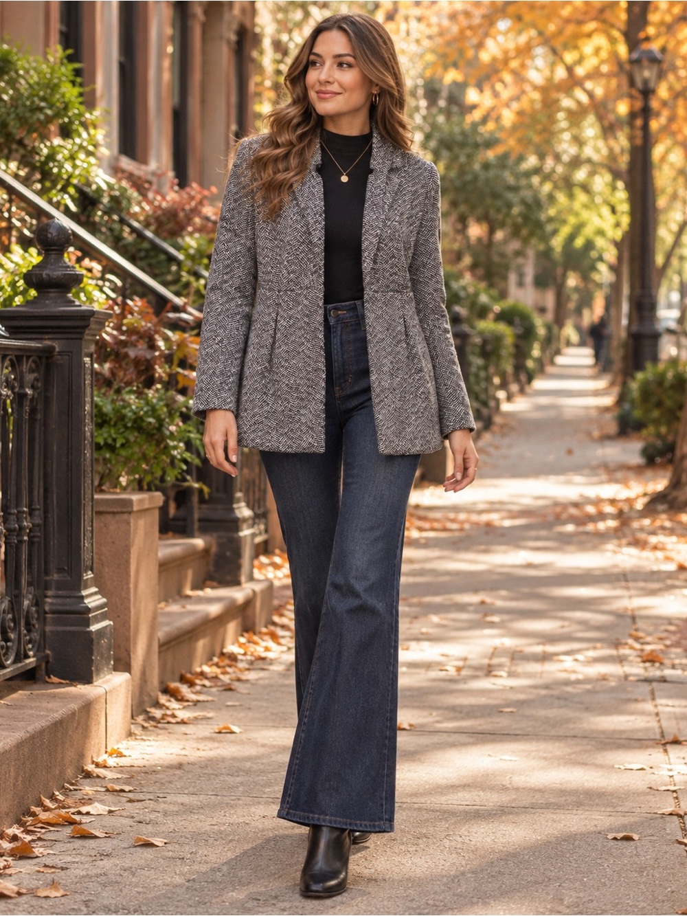 Entro XS Black White Herringbone Tailored Blazer Jacket Longline Fall